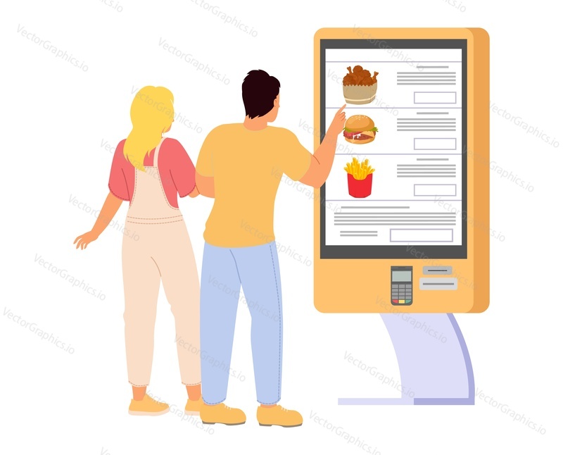Happy couple using self-service fast food kiosk vector illustration isolated on white background