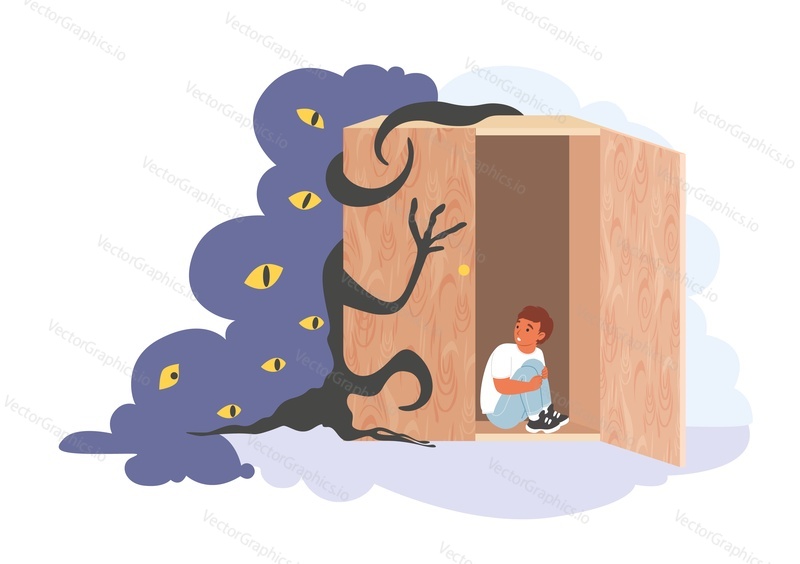 Child fears vector. Little boy suffering from nightmares flat cartoon illustration. Frightened kid character sitting in wardrobe afraid of night monsters