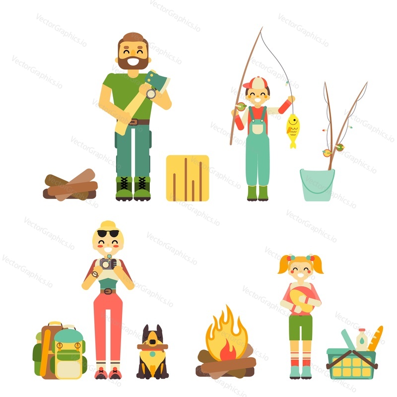Set of happy family character parent and children camper during outdoor recreation activity on summer holidays. Preparation for picnic, making bonfire, fishing for dinner, taking memory photo