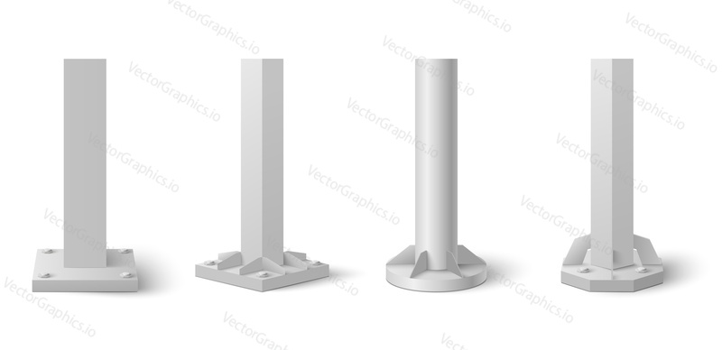 Metal pole with different shapes template set. Realistic stainless steel pipes for urban advertising banners, billboard, streetlight vector illustration