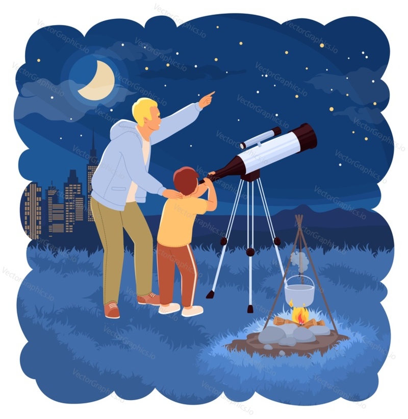 Father and son looking through telescope spending time together outdoors vector illustration. Dad and boy exploring galaxy universe and celestial bodies in starry sky