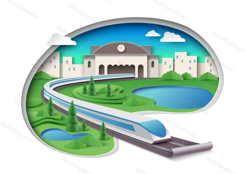 High speed intercity passenger train moving from city railway station vector illustration over beautiful urban landscape. Tourist excursion, business travel and public transportation