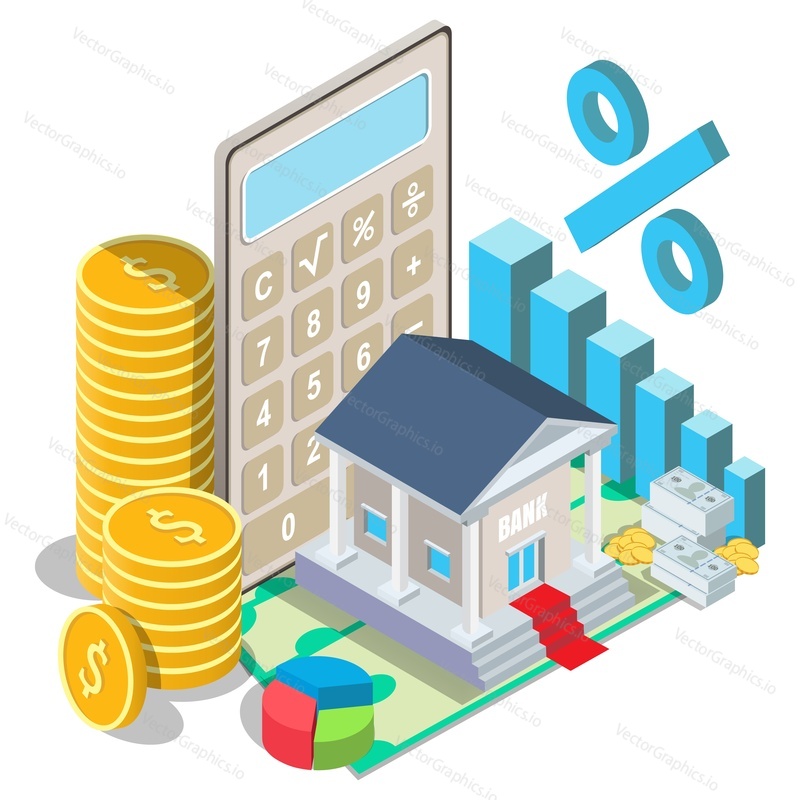 Bank rates and services vector illustration. Finance growth, budget and percent of profit from investment concept. Banking financial system, deposit income calculation 3d isometric design