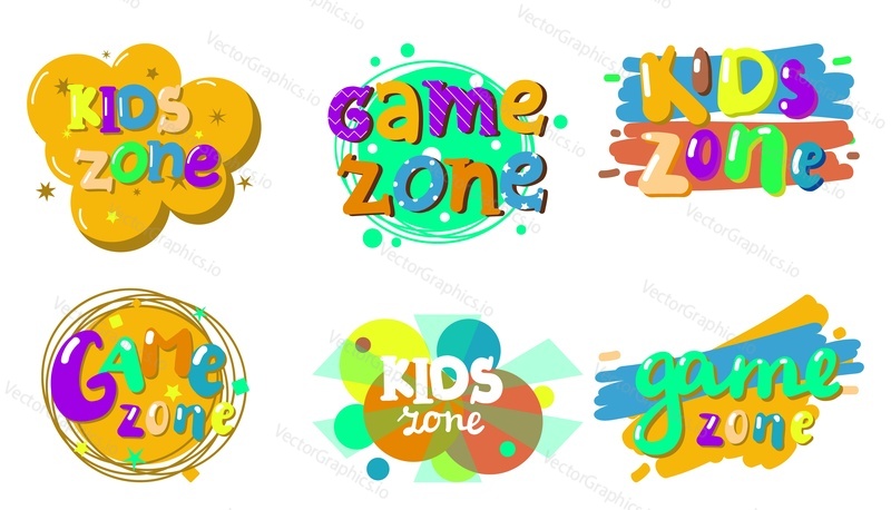 Kids play area and game zone poster or banner isolated set. Playground, entertainment and education room for children colorful emblem vector illustration