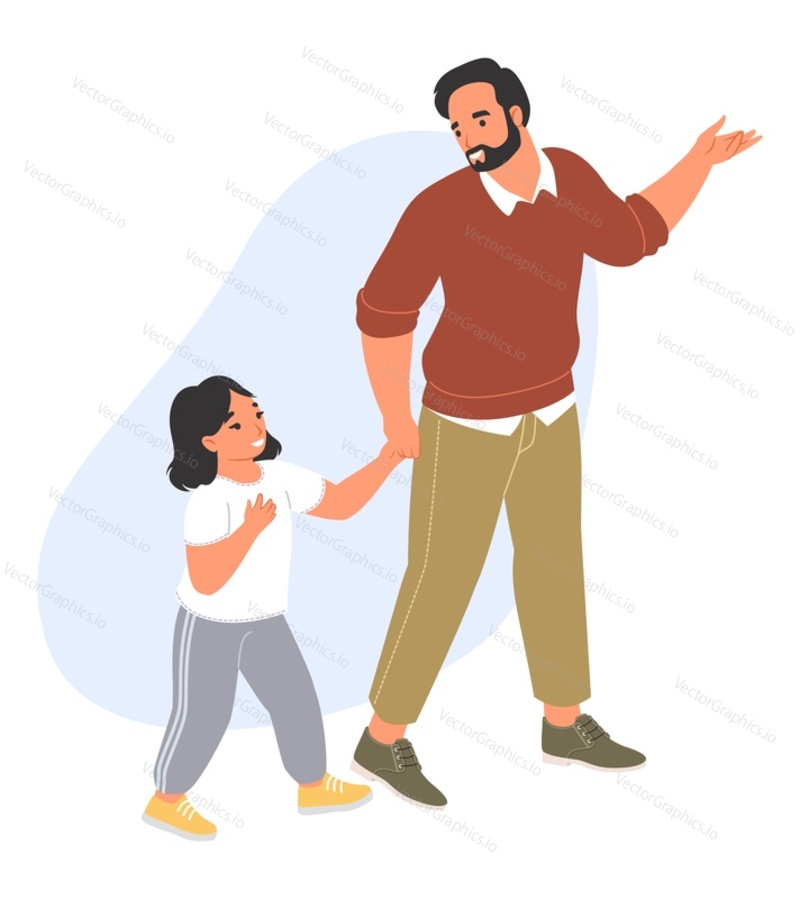 Flat cartoon father talking to little boy son vector illustration isolated on white background. Nice conversation and friendly talk with children concept