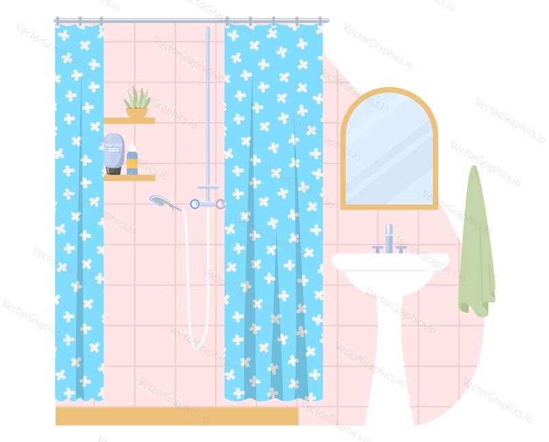 Современный домашний дизайн интерьера ванной комнаты с душем за занавесками на стойке и раковиной векторная иллюстрация