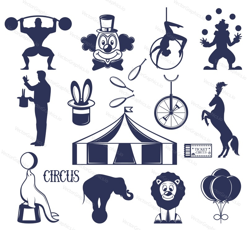 Circus design element black-and-white silhouette isolated set. Acrobat, illusionist, strongman, clown, ticket, trained animals and tent vector illustration