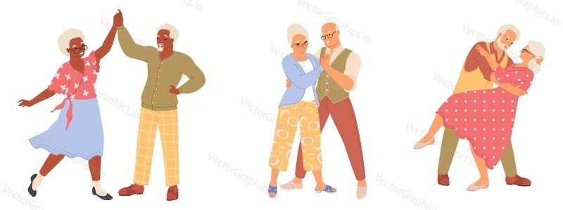 Happy elderly couple dancing funny dance with joy and pleasure having romantic dating isolated vector illustration set on white background. Love relationship of old people