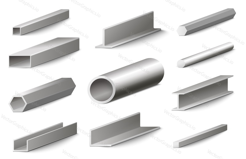 Реалистичный набор строительных материалов из различных металлических профилей, изолированных на белом фоне. Векторная иллюстрация балочной трубы из нержавеющей стали, арматуры, труб, балок и прогонов