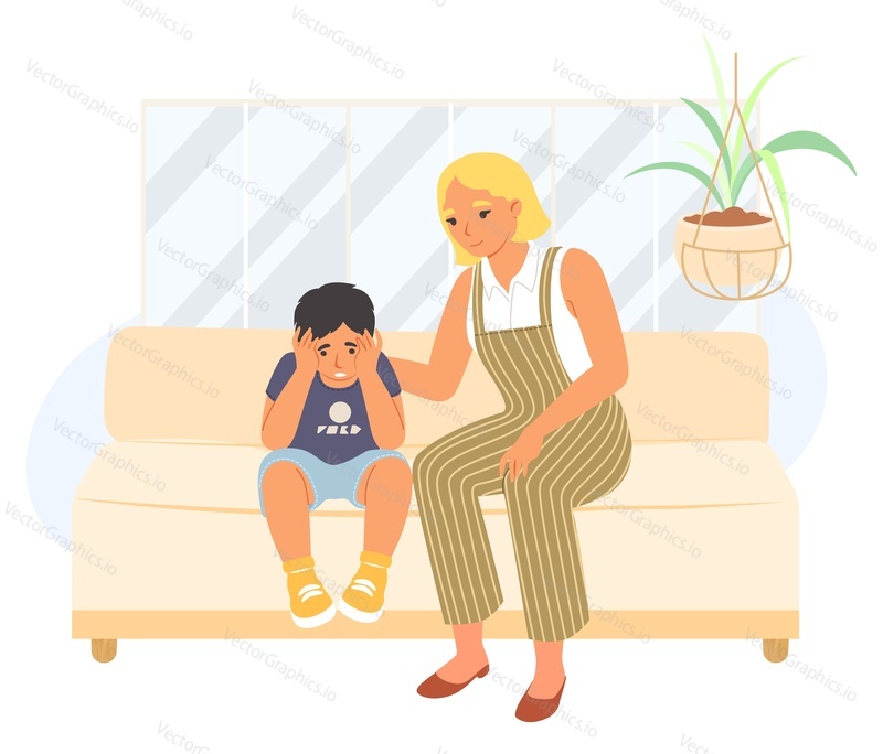Loving mother supporting sad son child sitting on home sofa vector illustration isolated on white background. Nice conversation, parent and child communication concept