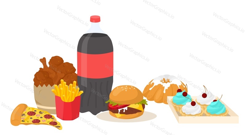 Fast food set. Flat cartoon classic american cheese burger, pizza slice, fried chicken leg and french fries, soda drink plastic bottle, muffin and cakes desserts vector illustration isolated on white