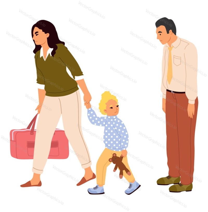 Parents divorce vector illustration. Flat cartoon frowning upset woman wife with unhappy daughter child leaving frustrated depressed man husband isolated on white background. Family crisis concept
