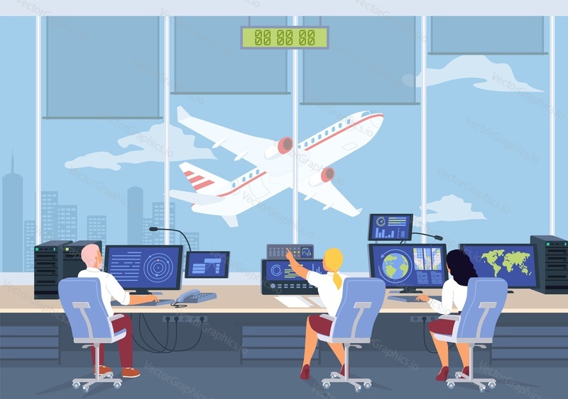 Airport control room cartoon flat vector illustration. Man and woman people operator characters working at computers for fly track controlling. International aircraft transportation service
