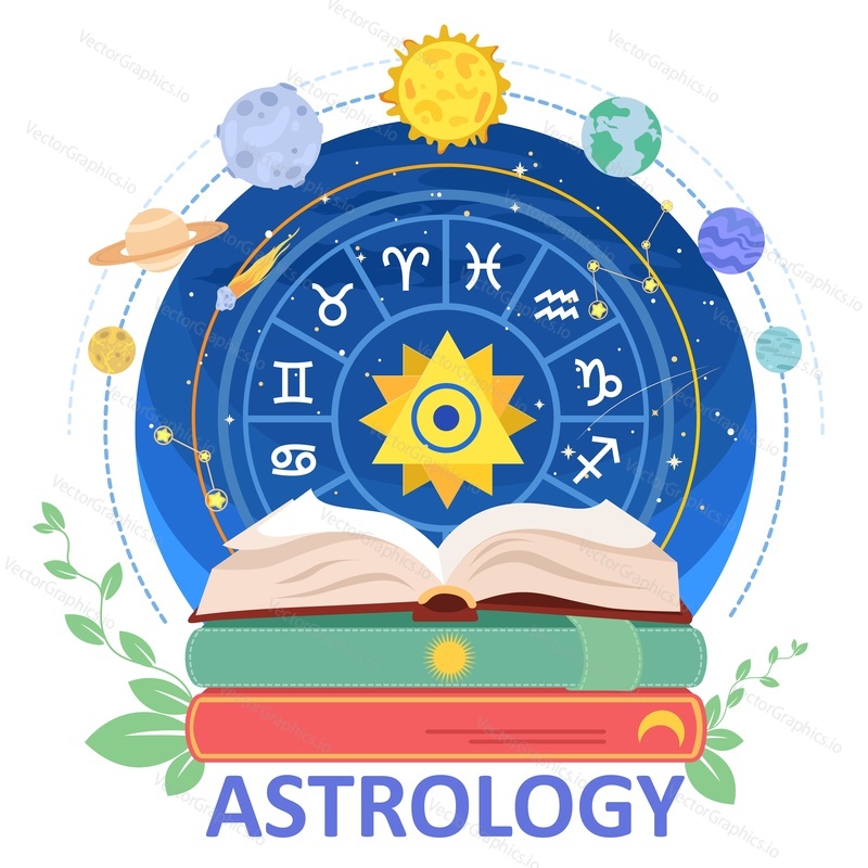 Astrology science poster with zodiac circle surrounded different cosmic body and planet on stack of book vector illustration design