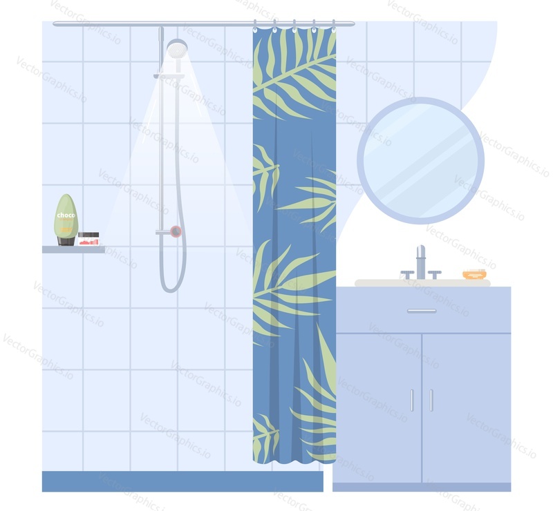 Душевая кабина в домашней ванной комнате плоская мультяшная векторная иллюстрация. Интерьер ванной комнаты в квартире с оборудованием, мебелью и туалетными принадлежностями