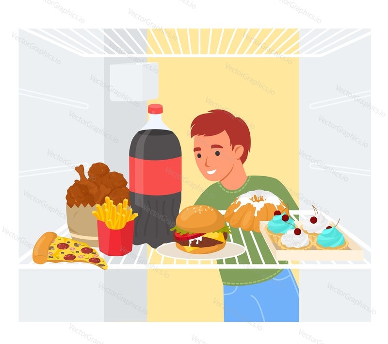 Boy looking at refrigerator with unhealthy junk fast food flat cartoon vector illustration. Little son feeling hungry and searching for food inside fridge