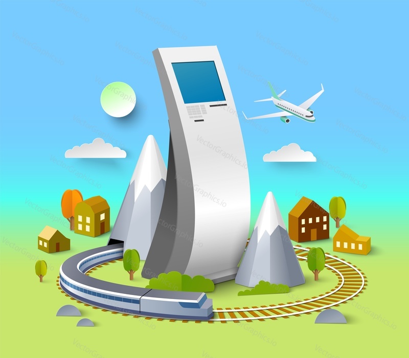 Transport ticket self-service kiosk isometric vector illustration. Digital automated interactive terminal to register and buy aircraft boarding pass or railroad transportation card