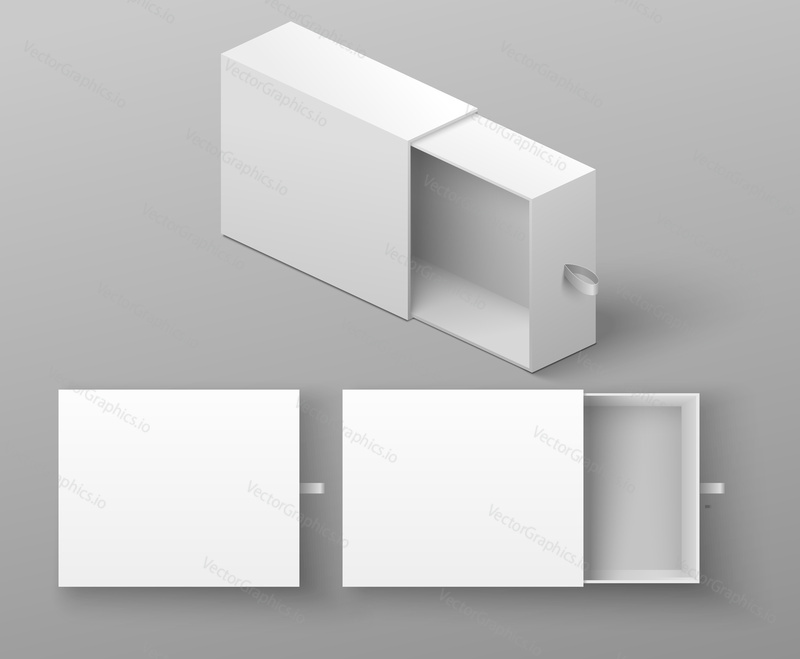 Реалистичная картонная раздвижная подарочная коробка с изолированным набором из шелковой ленты. Векторная иллюстрация открытого и закрытого пустого картонного контейнера