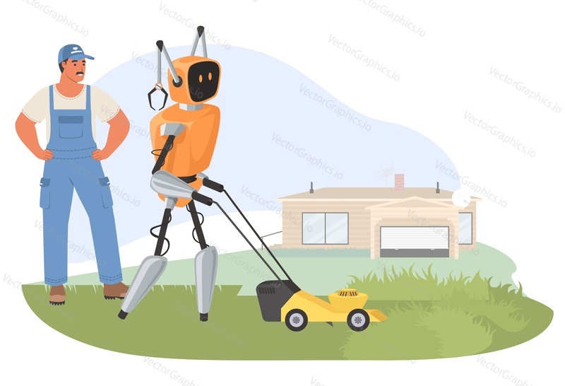 Робот-помощник с искусственным интеллектом, помогающий косить траву с помощью газонокосилки под управлением фермера на векторной иллюстрации на заднем дворе. Автоматизированная жизнь на ферме, ландшафтный дизайн и футуристическая концепция технологии устройств