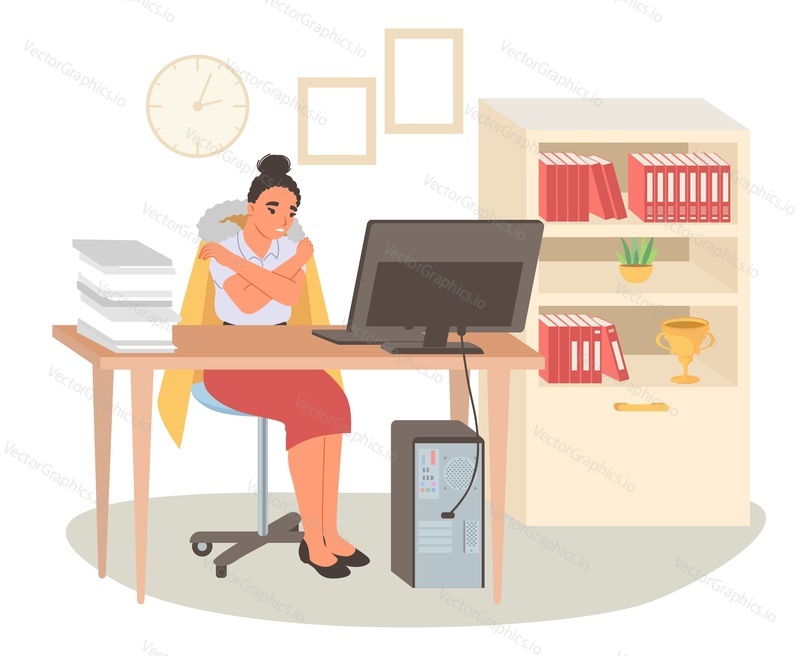 Businesswoman boss character suffering from low temperature at workplace sitting at desk table wearing coat trying to keep warm vector illustration. Unheated room scene