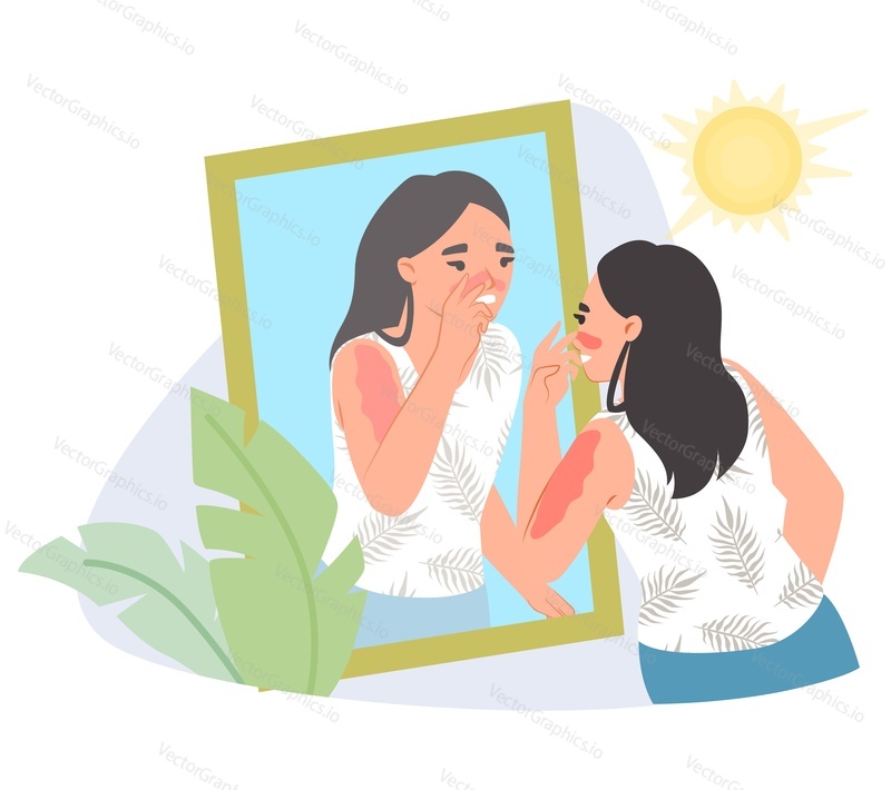Молодая женщина трогает обгоревший на солнце нос, глядя в зеркальную плоскую мультяшную векторную иллюстрацию. Повреждение кожи после неудачного принятия солнечных ванн