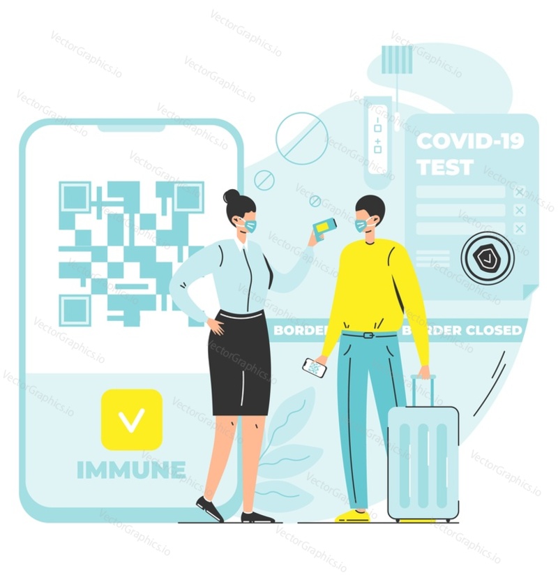 Сцена испытания Covid-19. Векторная иллюстрация мужчины-путешественника и женщины-инспектора в маске на контрольно-пропускном пункте вылета в аэропорту. Новая концепция нормального путешествия