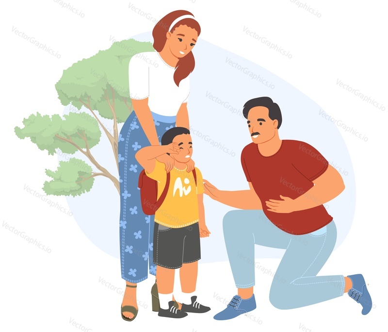 Parents support and crying son vector illustration. Flat cartoon mother and father talking with sad stressed kid. Mom and dad calming and consoling boy child
