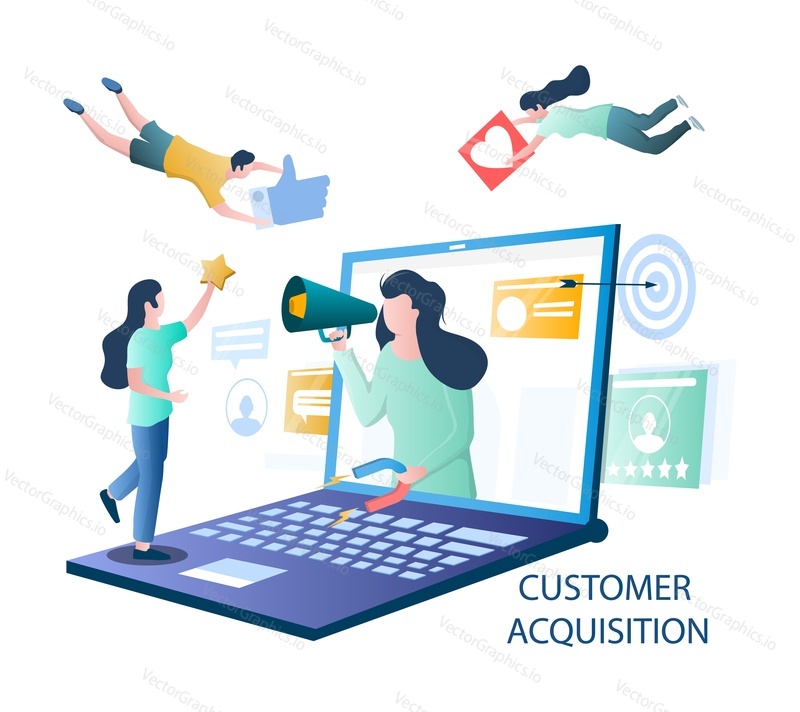Customer acquisition flat cartoon vector illustration. Client attraction, referral inbound digital marketing and promotion strategy. Influencer with brand magnet inviting friends on laptop computer