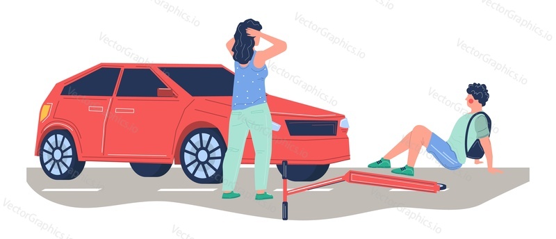 Frustrated woman car driver hitting teenager boy electric kick scooter rider on city road vector illustration. Dangerous situation, transport accident and injured people