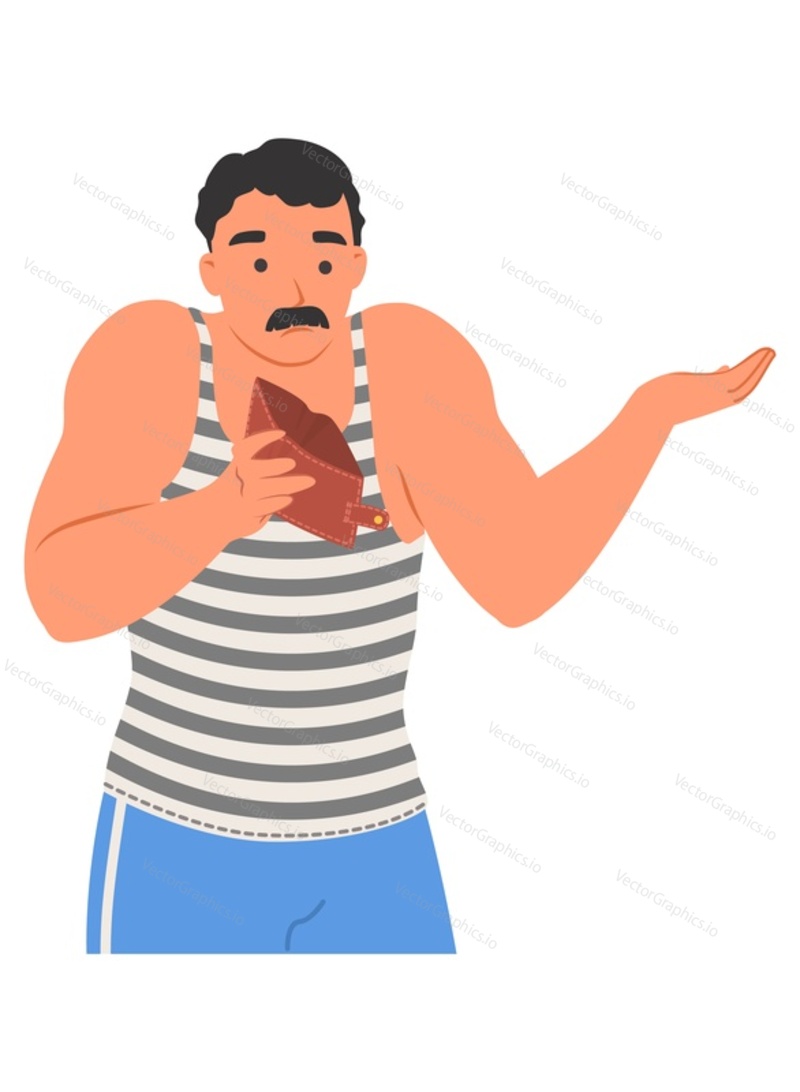 Unhappy man holding and showing open empty wallet vector illustration. Male character having no pocket money feeling stress and shock isolated on white. Cash trouble, poverty and bankruptcy concept