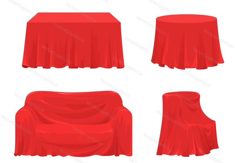 Векторная иллюстрация драпировки из красной ткани, покрывающей различные виды мебели. Шелковая ткань, скрывающая стол, журнальный столик, кресло, диван-кушетку во время презентации нового товара или распродажи.
