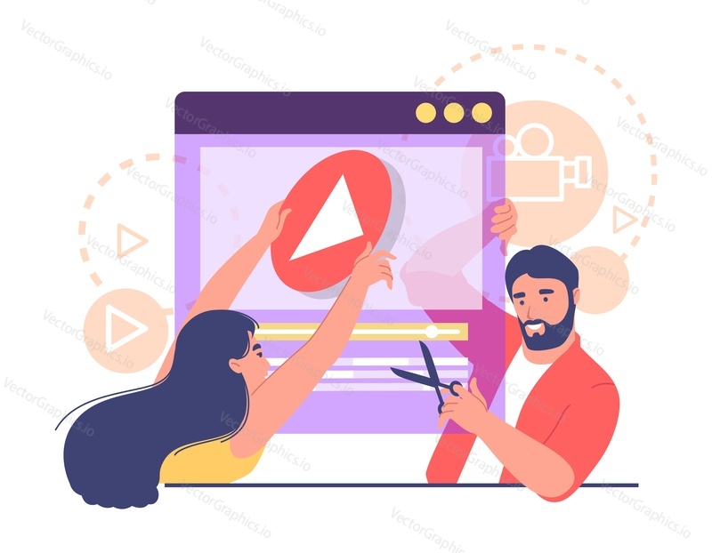 Male female motion designer team making video content vector illustration. Man and woman animator or storyteller character creating movie or footage with special effect