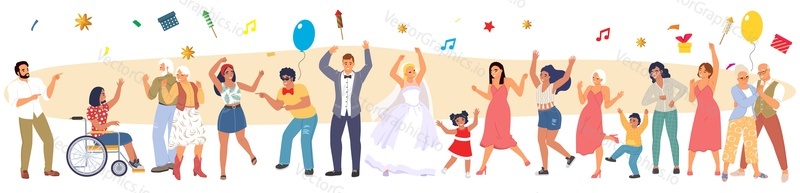 Танцующие персонажи, празднующие свадьбу векторная иллюстрация. Счастливые жених и невеста, вне себя от радости родственники двигаются под музыку, наслаждаясь свадебной вечеринкой