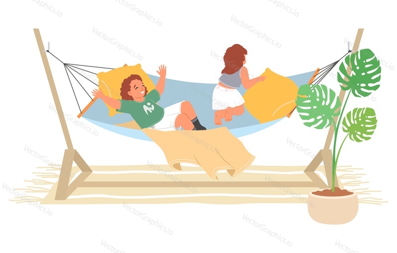 Little kids playing and having fun in hammock flat cartoon vector illustration. Children summer vacation, weekend at home and happy childhood