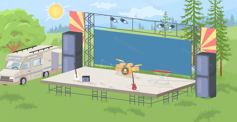Empty musical stage with music instrument prepared in park for open air rock punk party festival and band performance vector illustration