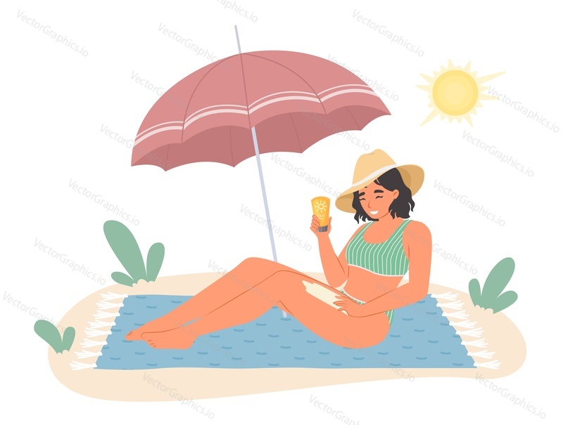 Молодая женщина загорает на пляже, нанося солнцезащитный крем на плоскую мультяшную векторную иллюстрацию. Девушка ухаживает за кожей во время отдыха на морском курорте. Концепция красоты и здоровья