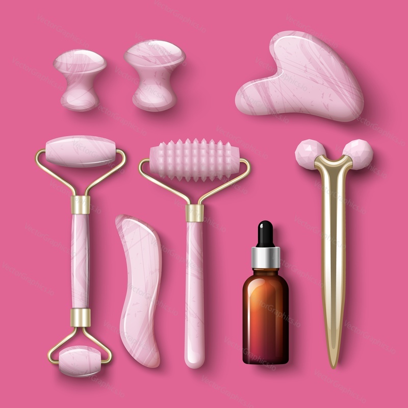 Face massage supplies vector illustration. Different gouache jade scraper, rollers and essence oil in bottle for beauty cosmetic services