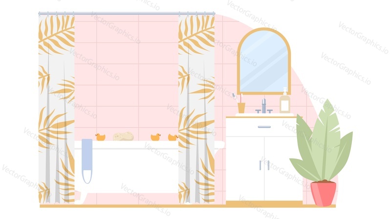 Фон интерьера ванной комнаты современного дома или гостиничных апартаментов. Ванная комната с керамической мебелью, ванной, краном, раковиной и зеркалом векторная иллюстрация
