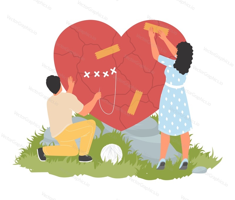 Love reconciliation vector. Flat happy couple repair torn heart cartoon illustration. Renewal of relationship, family psychotherapy concept