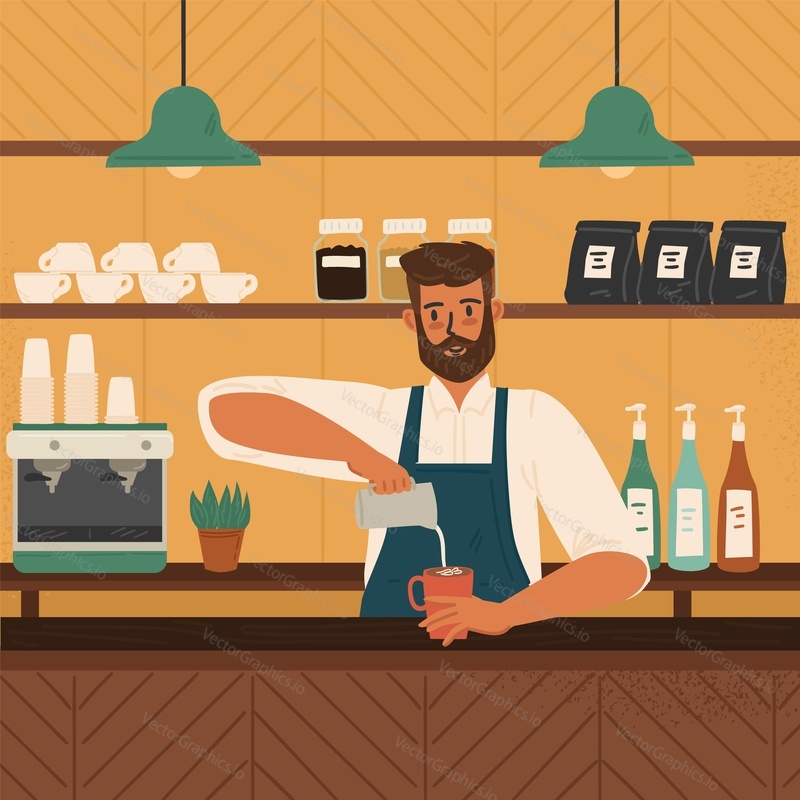 Barista making cup of coffee latte, vector illustration. Cafe interior with coffee machine, cups, coffee beans.