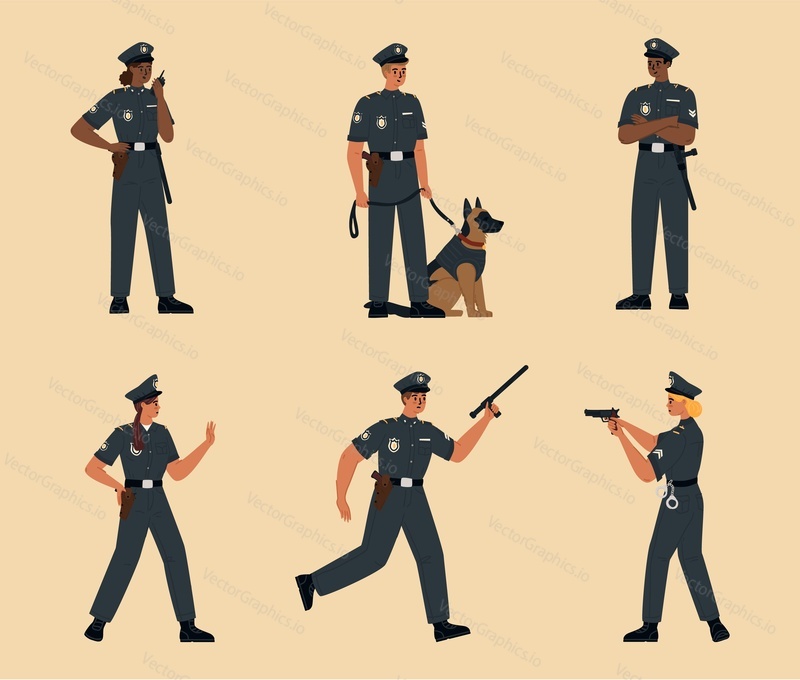 Male and female police officer isolated set. Cartoon policeman policewoman characters in different poses vector illustration. Cops security enforcement guard at work