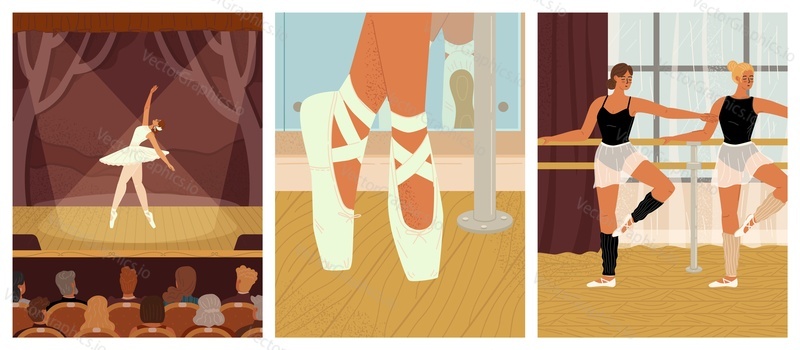 Ballet card template set. Beautiful ballerina wearing tutu dress performing on stage, closeup dancer feet in pointe shoes, young students training at choreography school class vector illustration