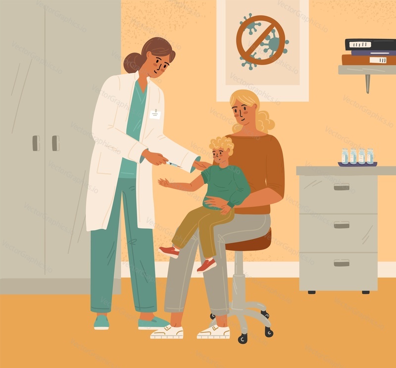 Family vaccination concept vector illustration. Pediatrician doctor giving injection of flu vaccine to a child in hospital.