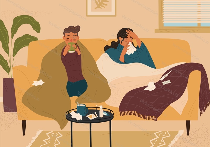 Пара с симптомами болезни дома, векторная иллюстрация. Сезон простуды и гриппа. Женщина и мужчина в постели с простудой, высокой температурой, насморком, кашлем и принимают лекарства.