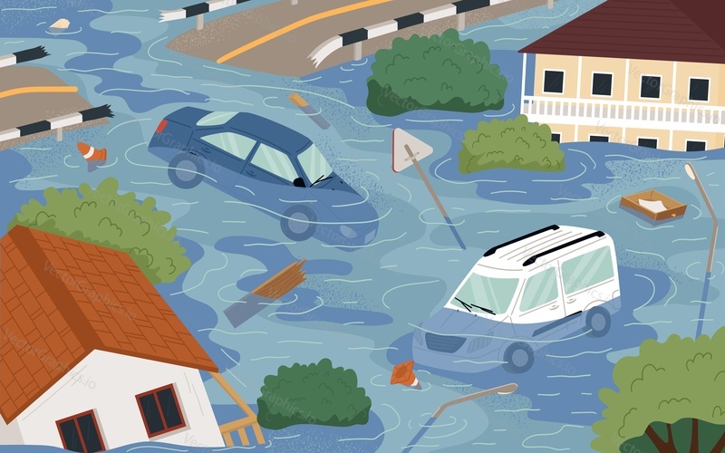 Damaged cityscape with floating transport on flooded street flat vector illustration. Tsunami and raining storm natural disaster consequences