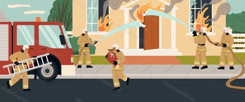 Команда пожарных-спасателей тушит пожар в жилом доме на уличной сцене. Команда пожарных пытается потушить горящее имущество в огне и дыму, используя векторную иллюстрацию пожарного шланга
