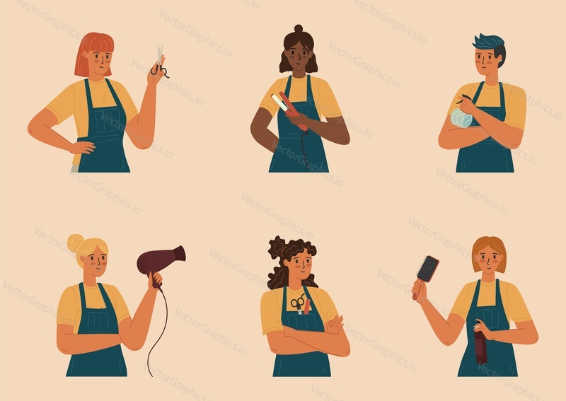 Group of hair salon workers, man and woman hairstylist. Vector set. Hairdresser people characters isolated. Female hairdresser holding hair dryer.