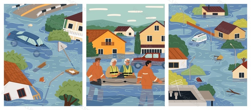 Набор мультфильмов с векторными сценами стихийных бедствий. Иллюстрация катастрофического наводнения с разрушенными домами и автомобилями, выжившими людьми и командой спасателей