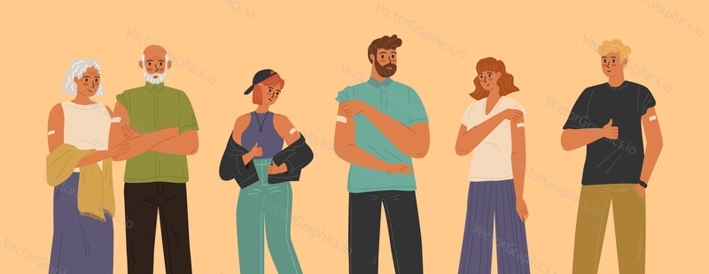 Vector set of vaccinated people. Diverse group of isolated characters, smiling men and women with with a plasters on the shoulder.