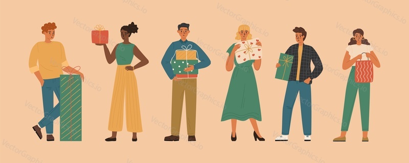 Happy people holding gifts, isolated characters vector set. Man and woman hold gift packages.